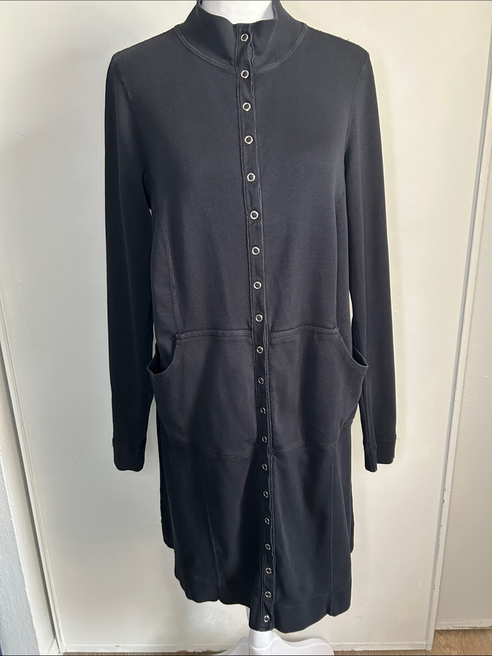 Black Long Sleeve Button-Front Dress with Pockets